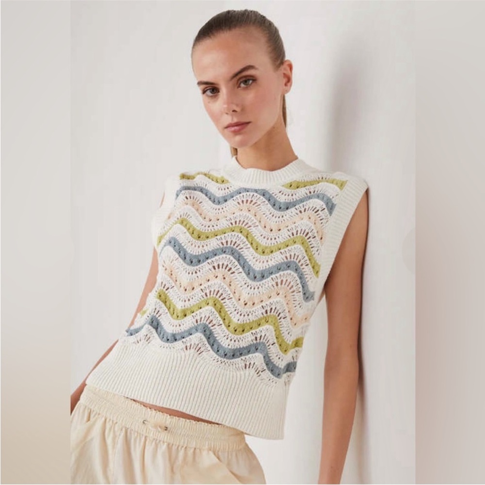 Rails Mabel Crochet Sweater Vest Ivory with Peach, Green & Blue Stripes, Small